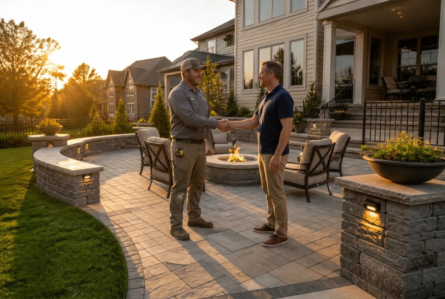 Newly installed paver patio with fire pit and retaining wall at sunset